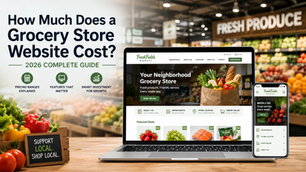Modern grocery store website displayed on desktop and mobile for a 2026 grocery store website cost guide