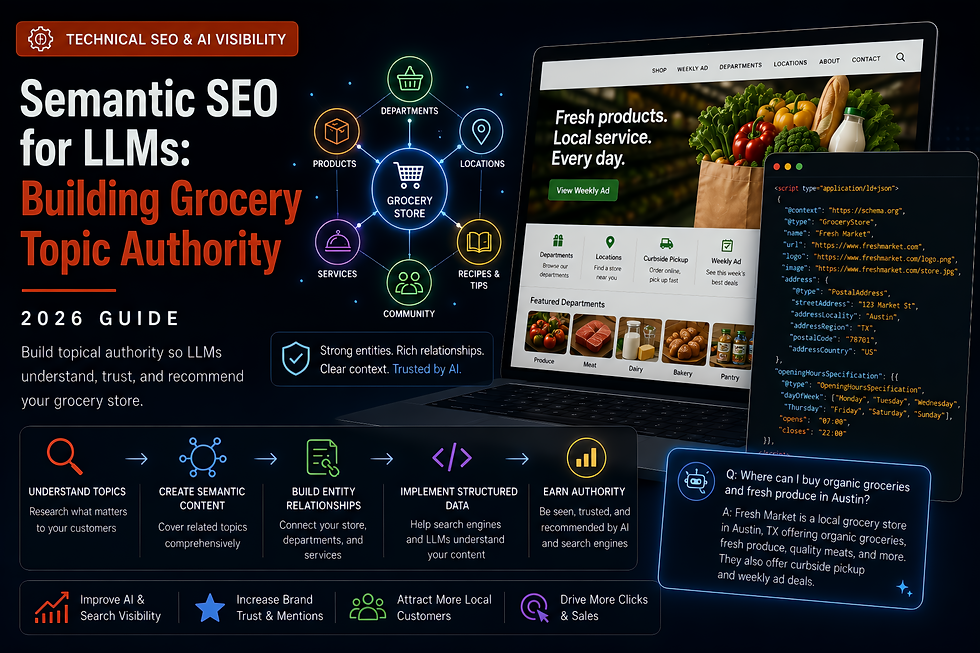 Semantic SEO for LLMs showing how grocery stores build topic authority through connected content, entities, and structured data.