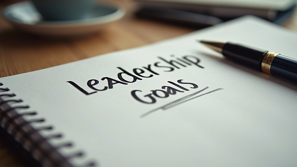 Close-up view of a notebook with leadership goals and a pen on a wooden desk