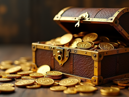 A golden rimmed treasure chest partly opened with gold coins spilling out