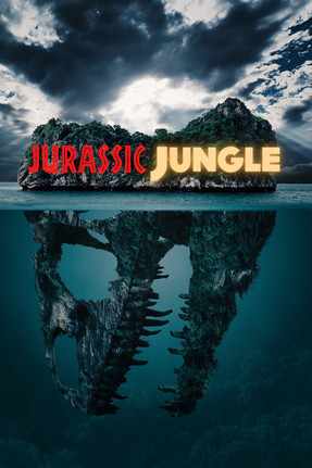 A dinosaur skull under water with the top half above water with mountains and jungle.