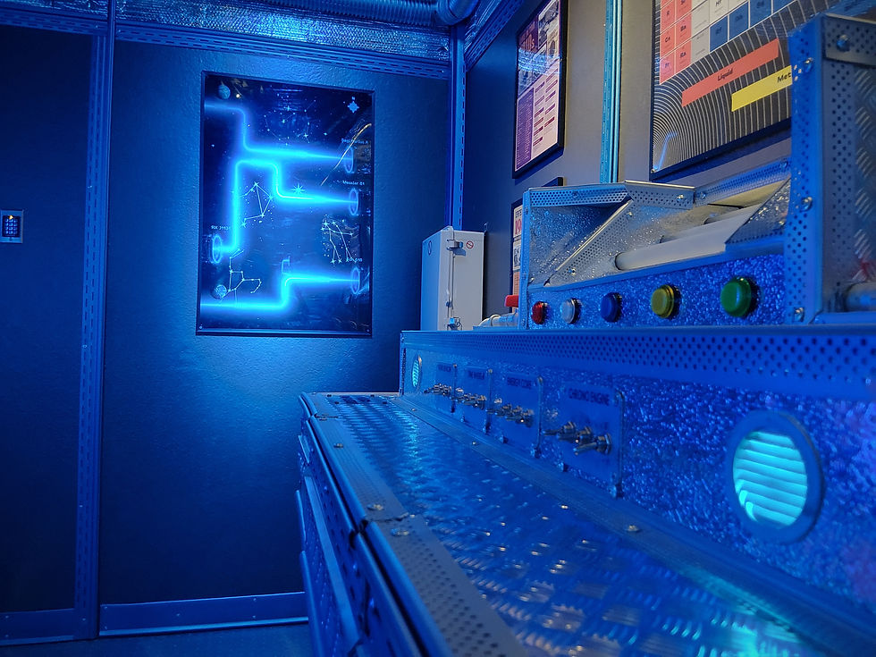 Cinematic sci-fi escape room environment at REACT Premium Escape Rooms near Hartford and Springfield