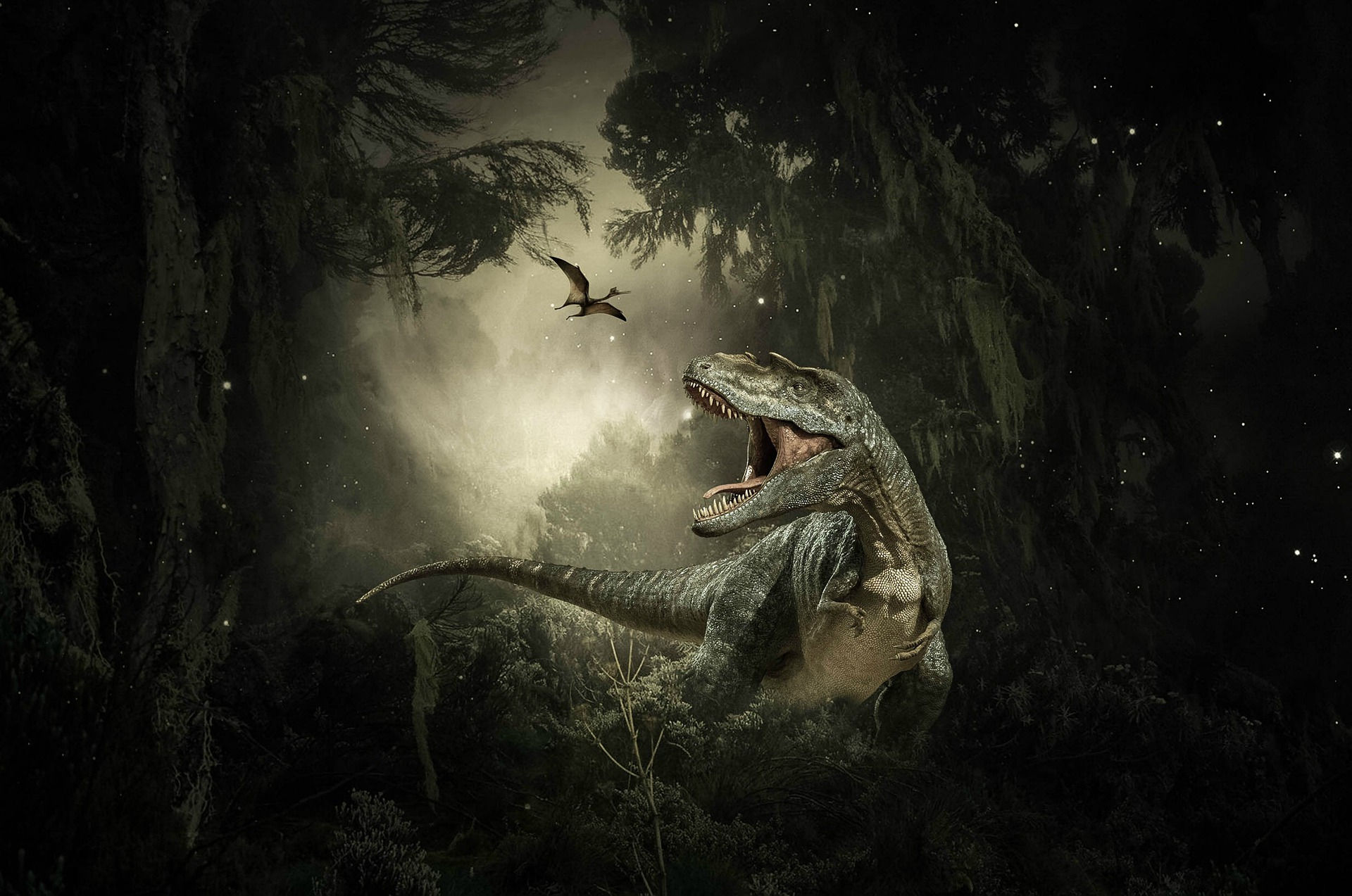 Large dinosaur standing in a dark prehistoric jungle at night, representing the Jurassic Jungle time-travel escape room experience in Connecticut.