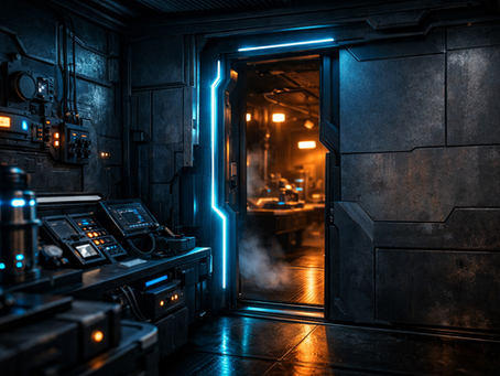 Hidden doorway inside a futuristic multi-room escape room, illuminated with neon blue lighting and leading into another immersive puzzle space.