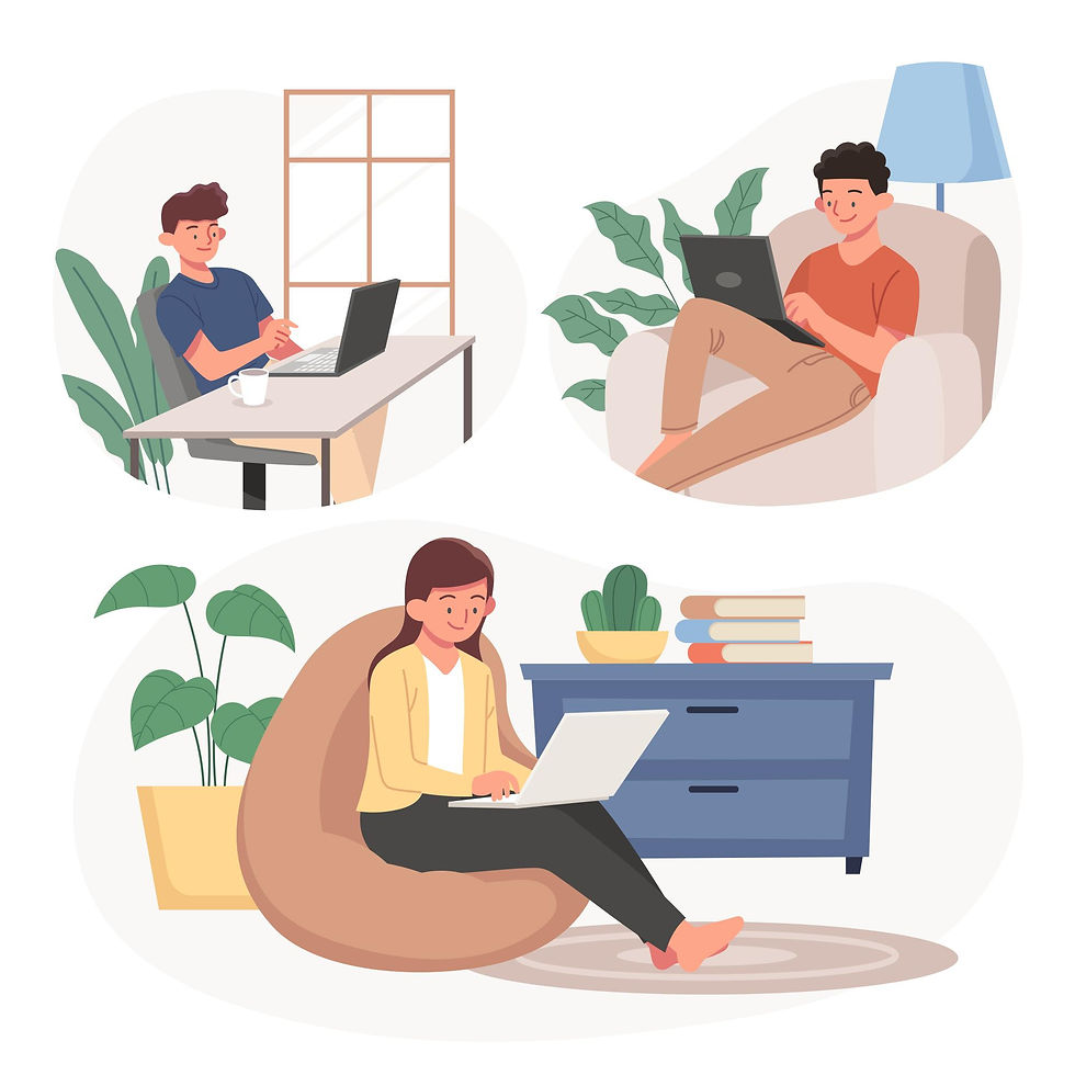 Three people working on laptops in various home settings: at a desk, in an armchair, and on a beanbag. Cozy, relaxed atmosphere.