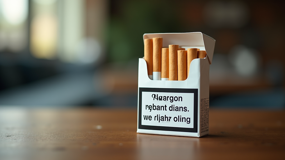 Eye-level view of a cigarette pack with a health warning label