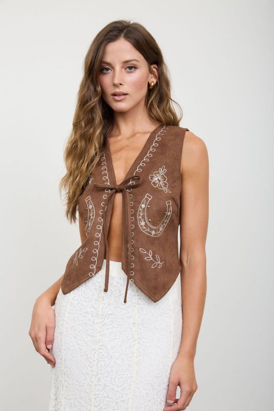 Thumbnail: HORSE SHOE EMBROIDERY FRONT TIE SUEDE VEST