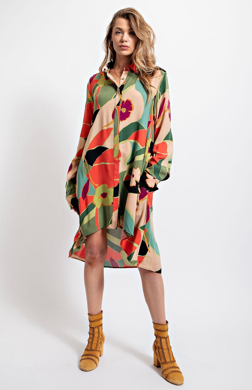 HI LOW CHALLIS SHIRT DRESS - SAGE  CORAL