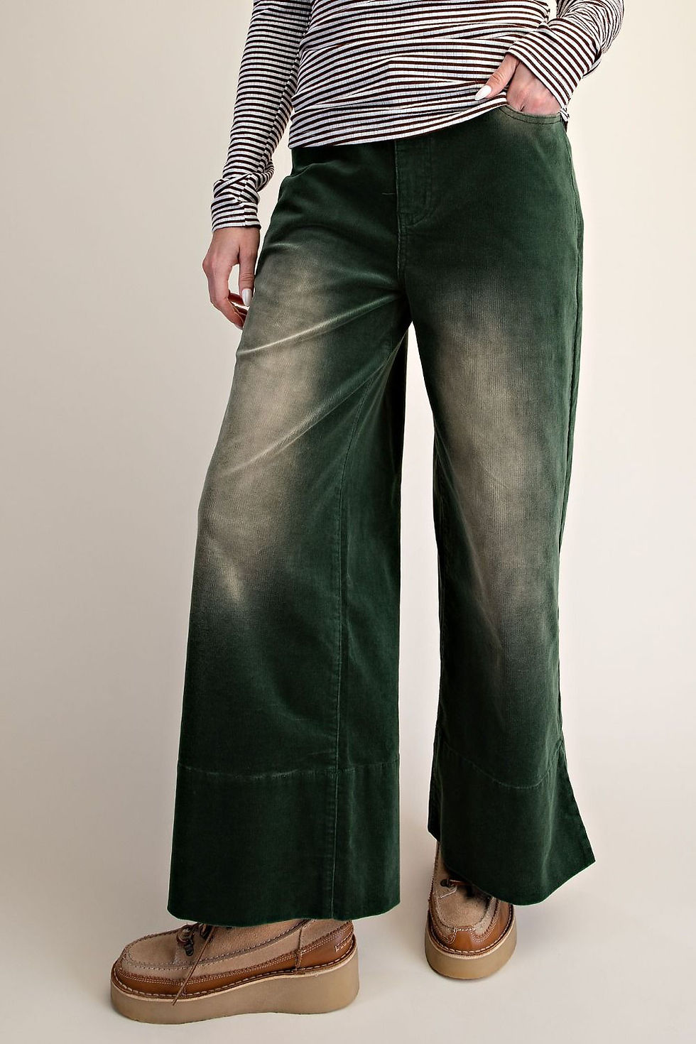 Thumbnail: FOREST GREEN STRETCH BABY CORDUROY WIDE LEG PANTS