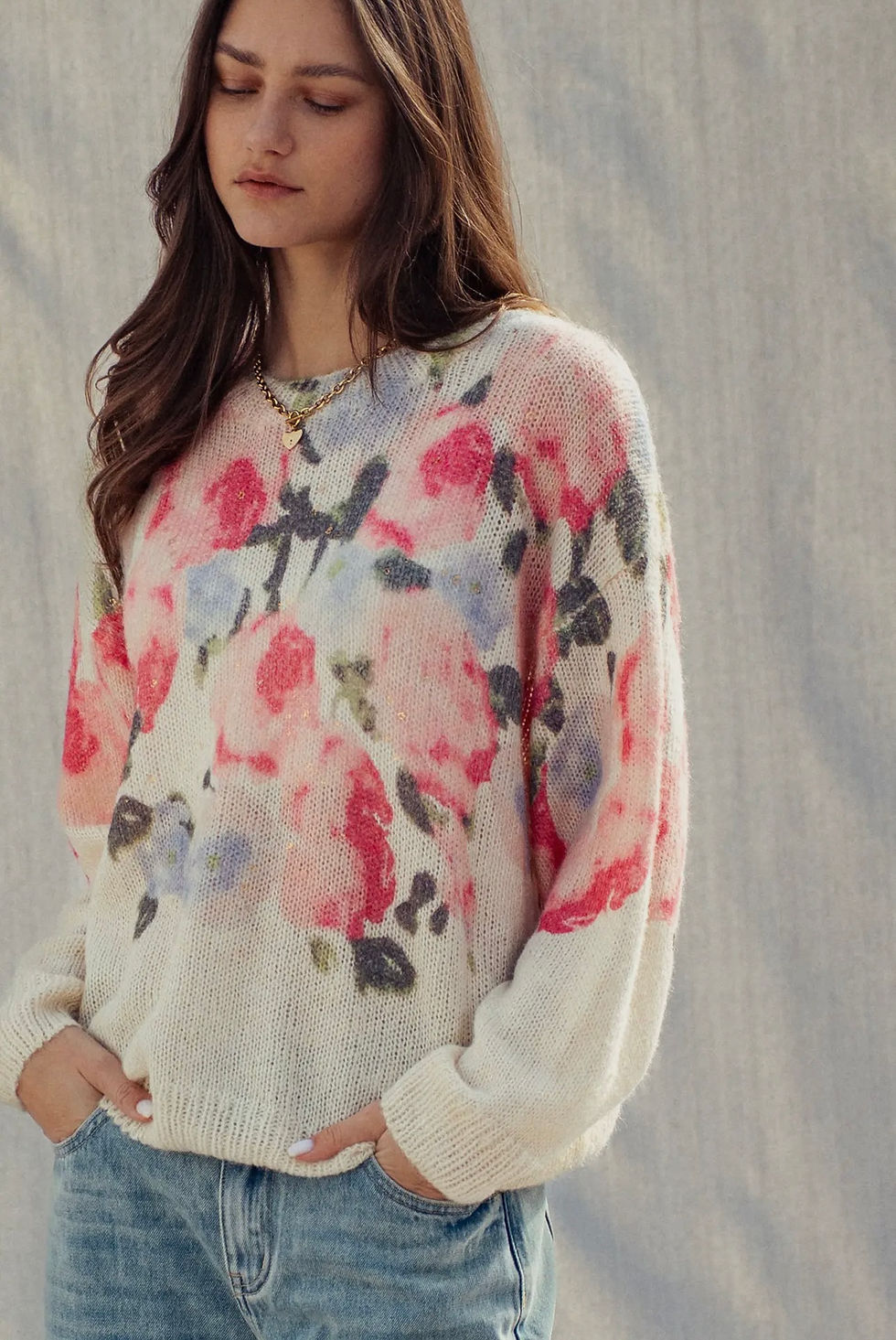 Thumbnail: Floral Print Soft Knit Sweater 