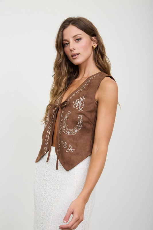 Thumbnail: HORSE SHOE EMBROIDERY FRONT TIE SUEDE VEST