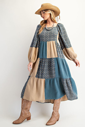 Khaki Teal Patchwork Dress | Benton House Designs