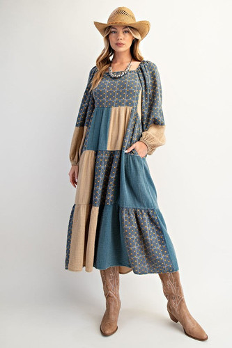 Khaki Teal Patchwork Dress | Benton House Designs