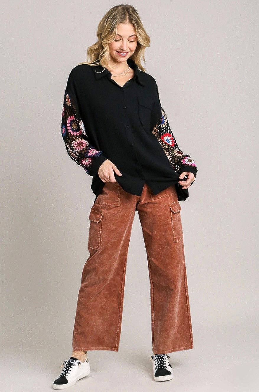 Thumbnail: Umgee Gauze Top with Crochet Sleeves 