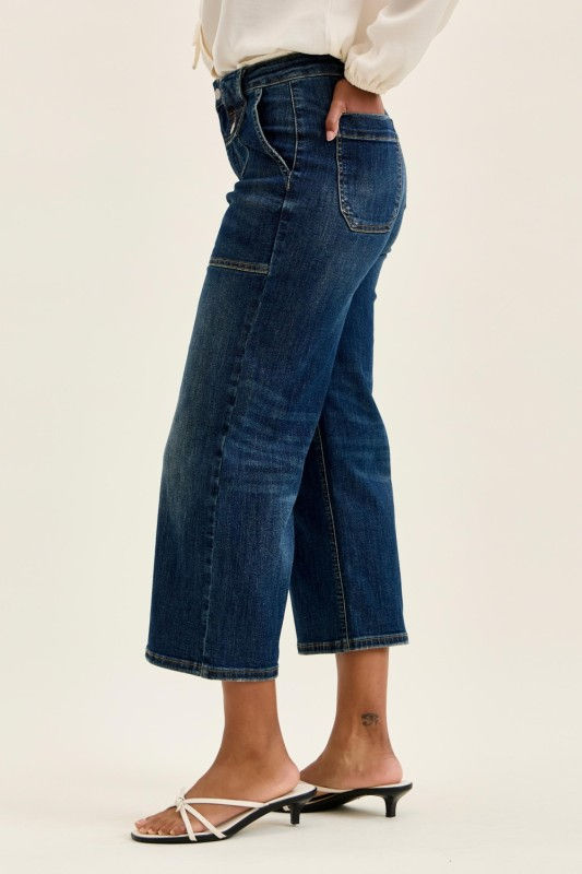 Thumbnail: Judy Blue HW Wide Crop Utility & Patch Pocket jeans.