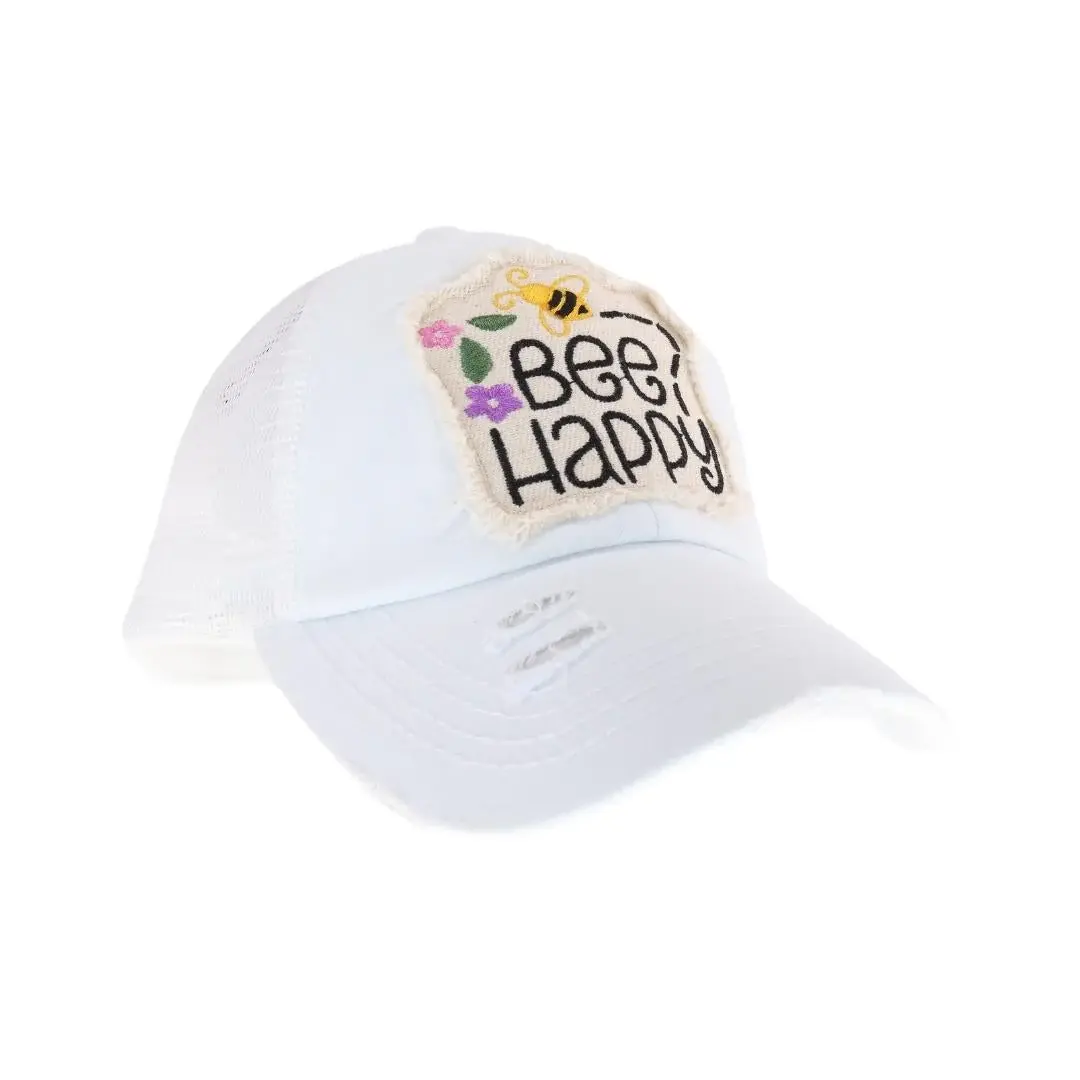 Embroidered Bee Happy Patch C.C High Pony Ball Cap 