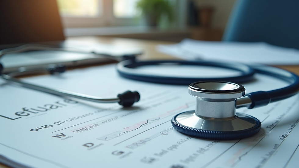 Close-up view of a stethoscope and medical chart on a desk