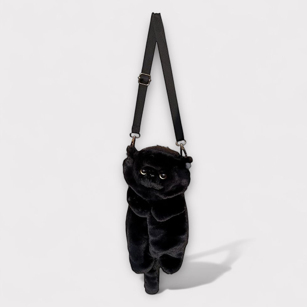 Black plush cat bag with adjustable strap against a white background. The cat has a cute, pensive expression, adding a playful touch.