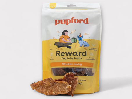 Bag of Pupford Reward Dog Jerky Treats with chicken jerky pieces. 