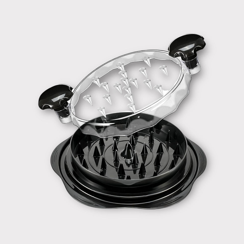 Twist-top shredder tool for cooked chicken or BBQ meats.