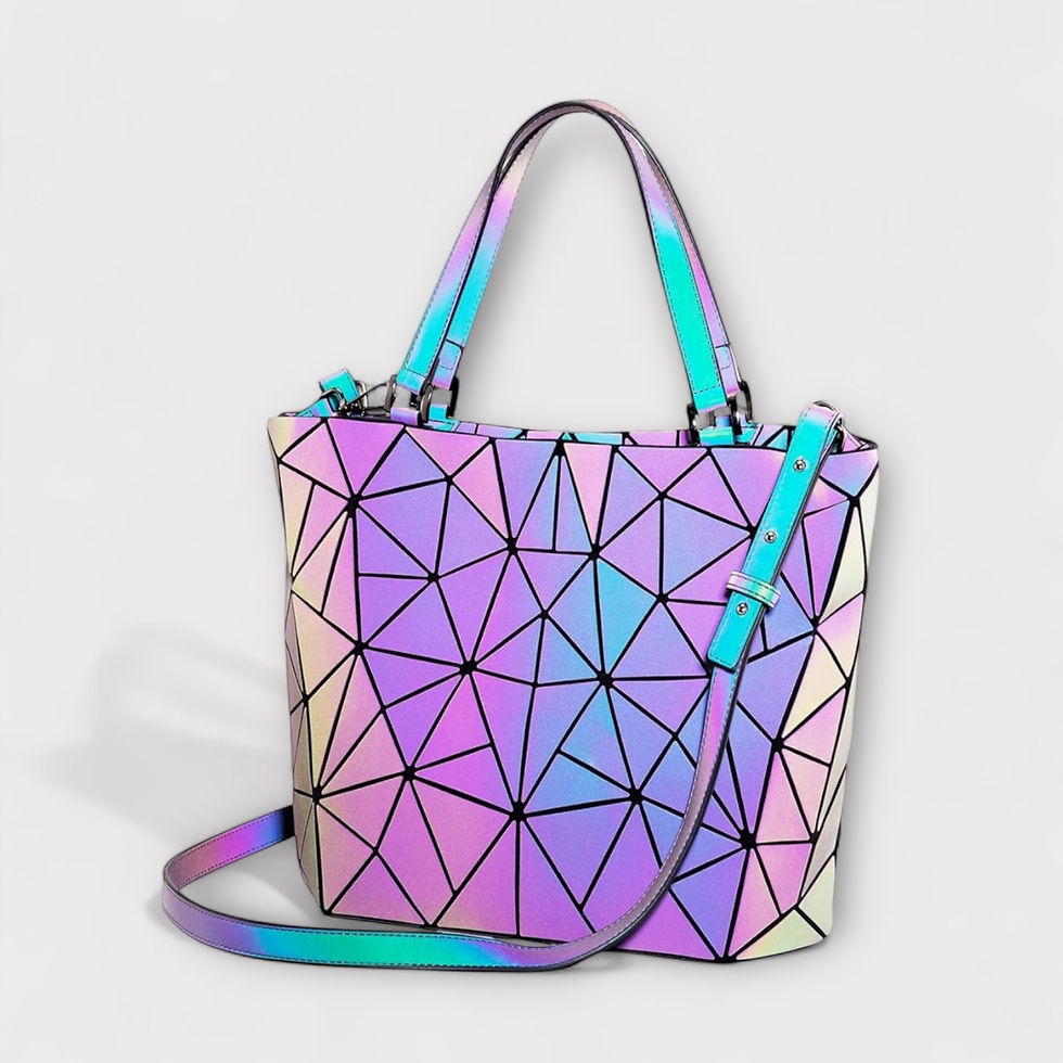 Geometric-patterned bag with iridescent colors of purple, pink, and blue, featuring black lines. White background. Modern and stylish.