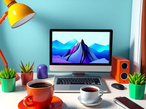 Colorful desk with a computer showing a mountain image, red and white coffee cups, plants, yellow lamp, speaker, and a phone. Vibrant mood.