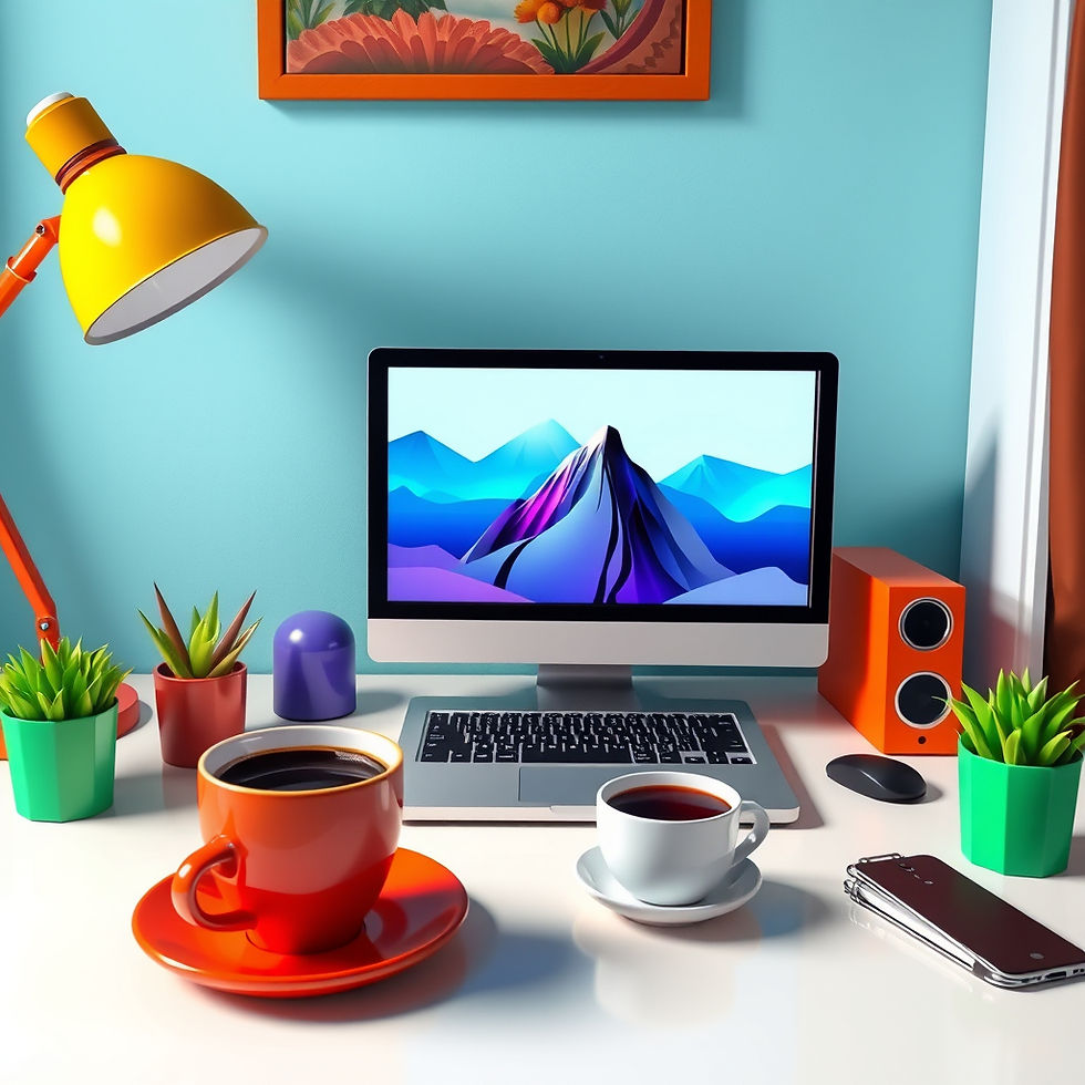 Colorful desk with a computer showing a mountain image, red and white coffee cups, plants, yellow lamp, speaker, and a phone. Vibrant mood.