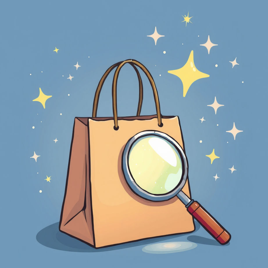 Shopping bag with a magnifying glass against a blue background, surrounded by glowing stars. A whimsical, product research theme.
