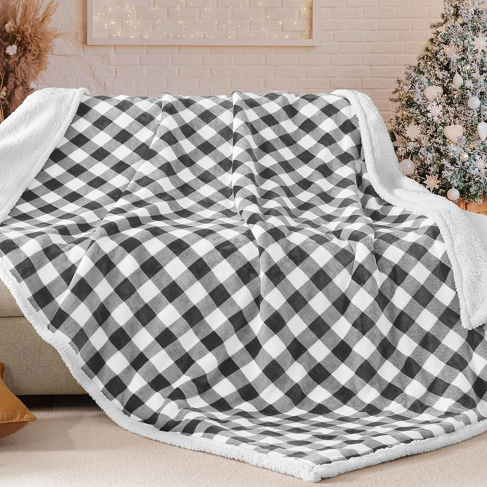 Miniatura: Soft black and white buffalo plaid fleece throw blanket