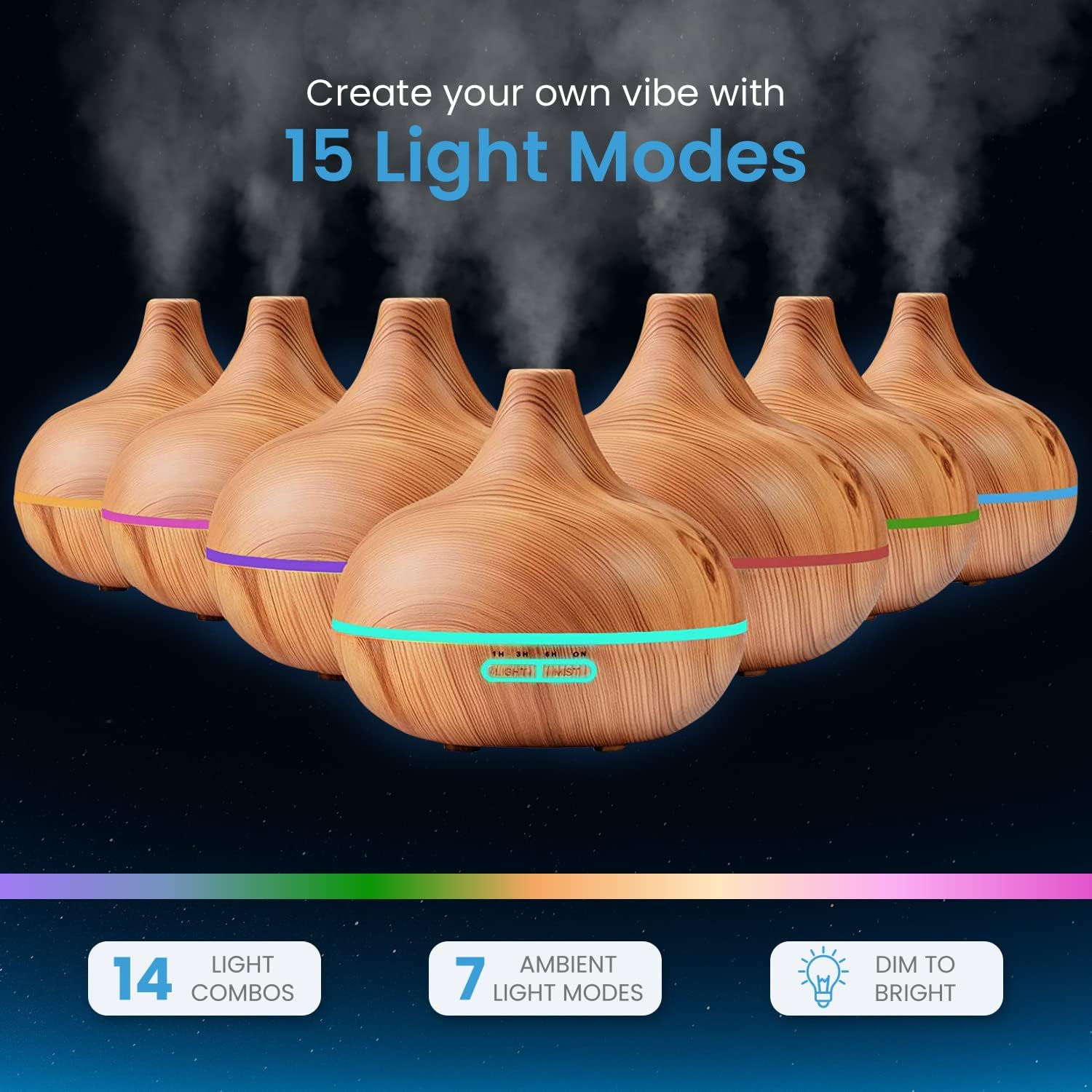 Wooden essential oil diffuser with 15 light modes