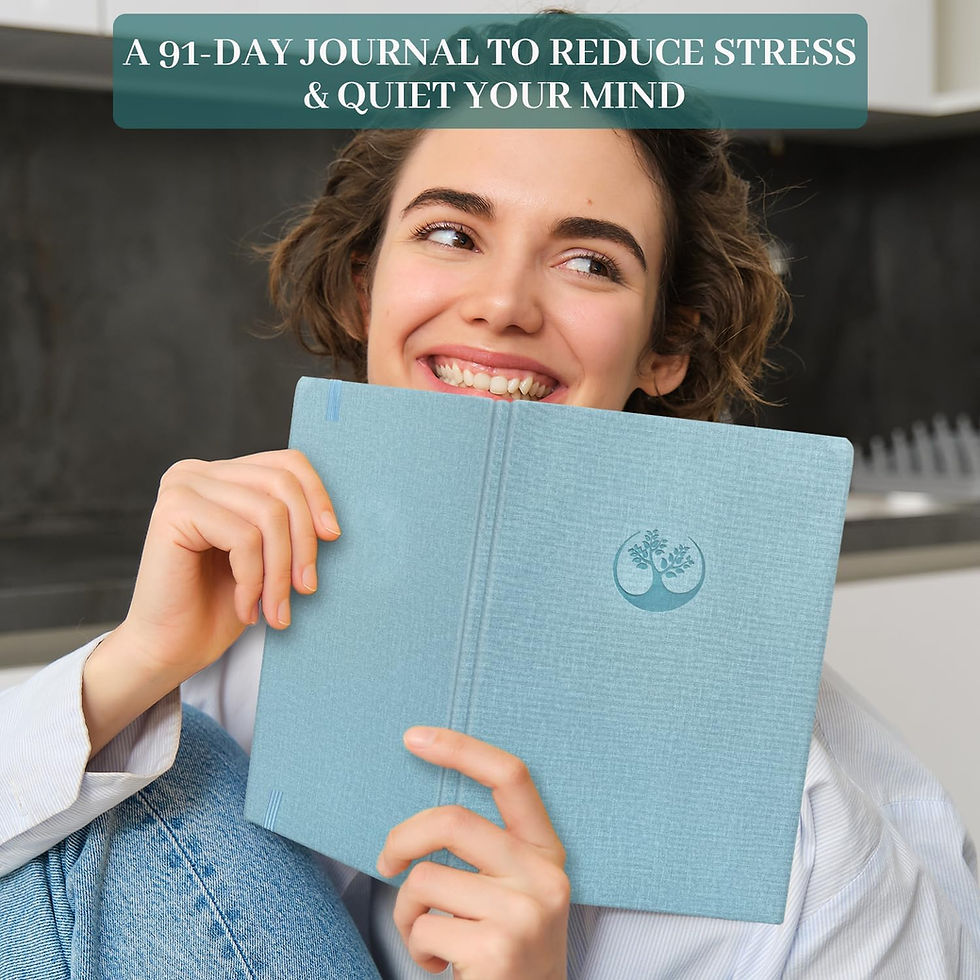 Thumbnail: Smiling woman holding SIMSIMY 91-Day Mood Tracker Journal to reduce stress