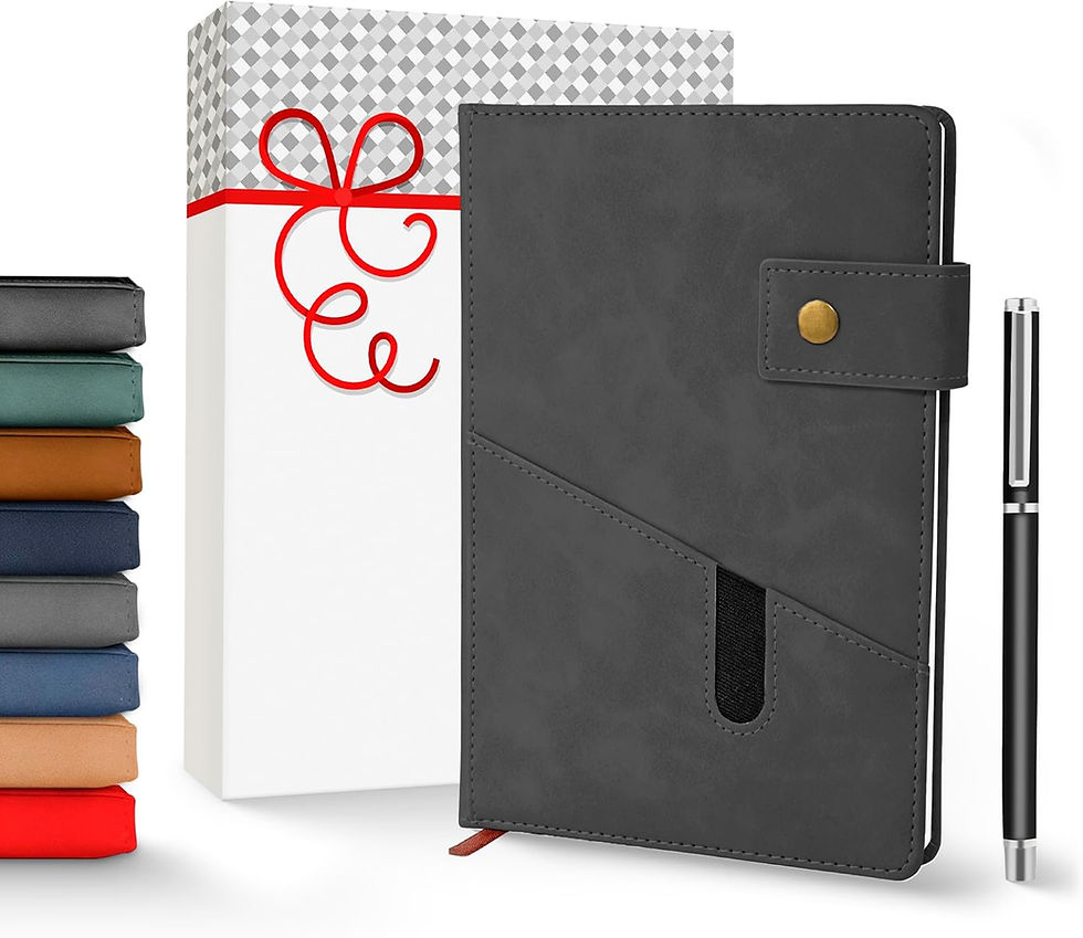 Gray faux leather journal with pen and gift box
