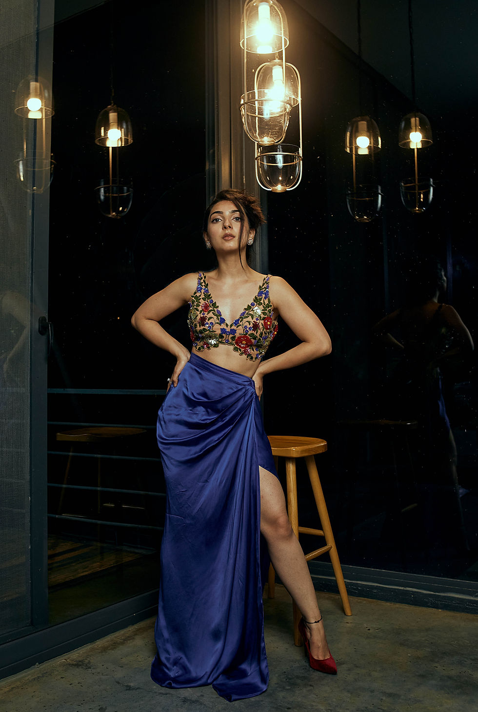 Thumbnail: Nude Top with Hot Blue Drape Skirt