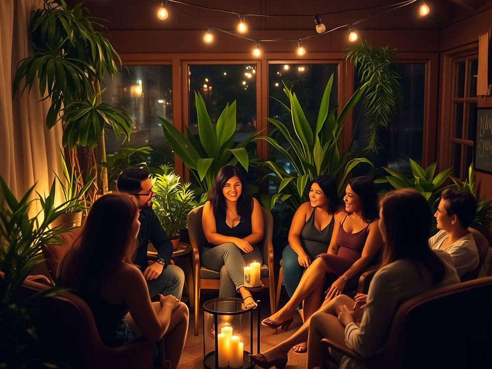 Warm, inviting room with plants and a supportive group of people talking and laughing together, symbolising connection and belonging.