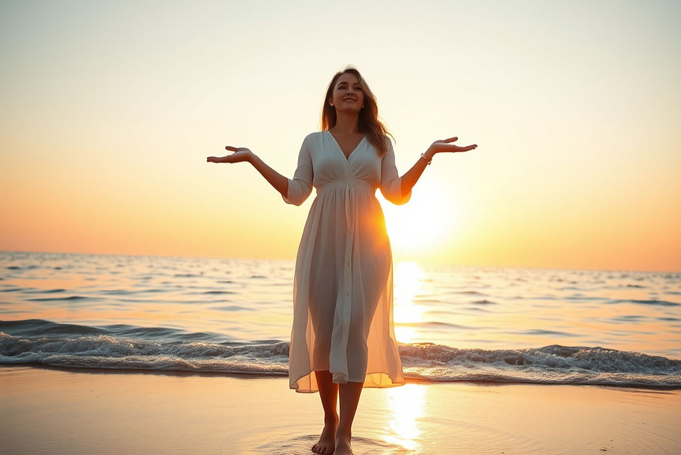 Woman in a flowing white dress standing on the shore at sunset, arms open with palms up, facing the ocean waves.