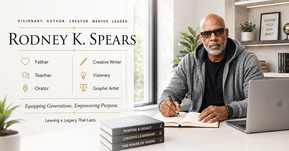 Rodney K. Spears writing in his study beside a collection of his Christian books, representing his work as an author, visionary, teacher, mentor, and creative leader.