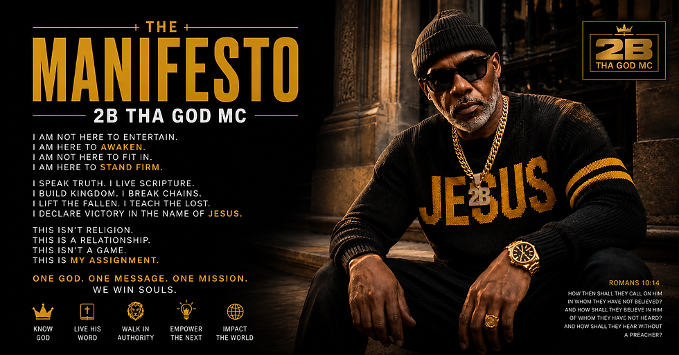 Rodney K. Spears as 2B Tha God MC presenting his Christian hip-hop manifesto about faith, Scripture, Kingdom purpose, and Jesus Christ.