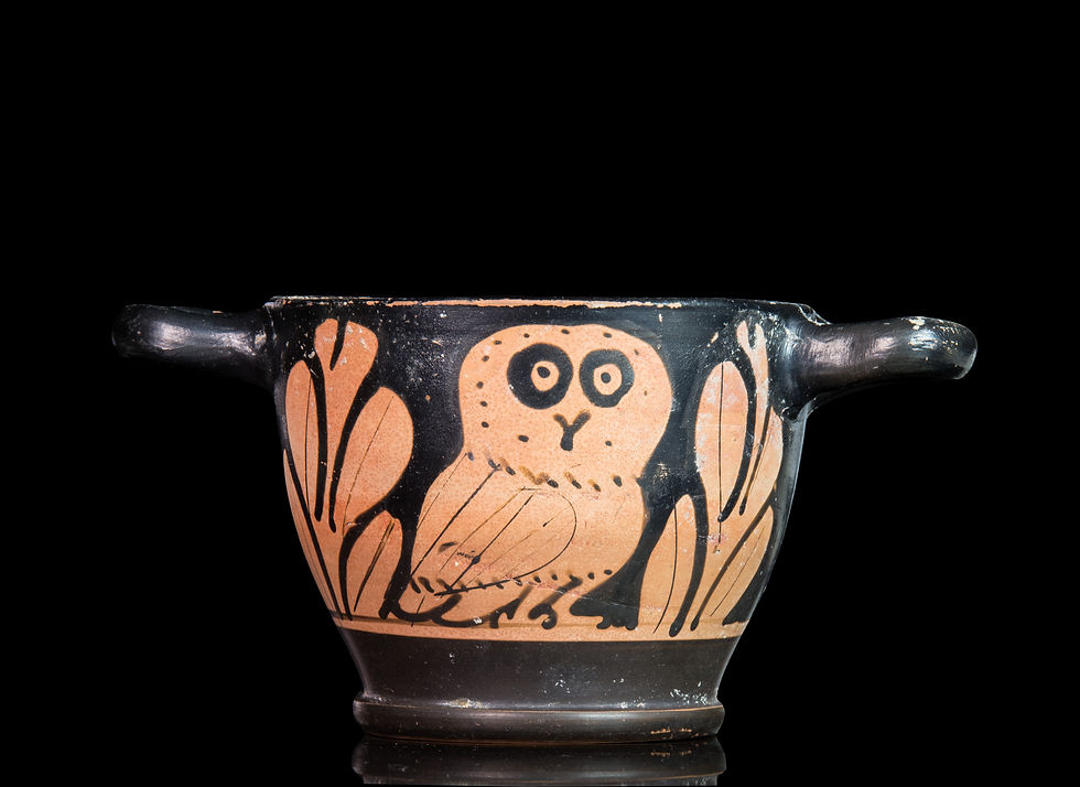 Ancient Greek Apulian red-figure pottery owl skyphos
