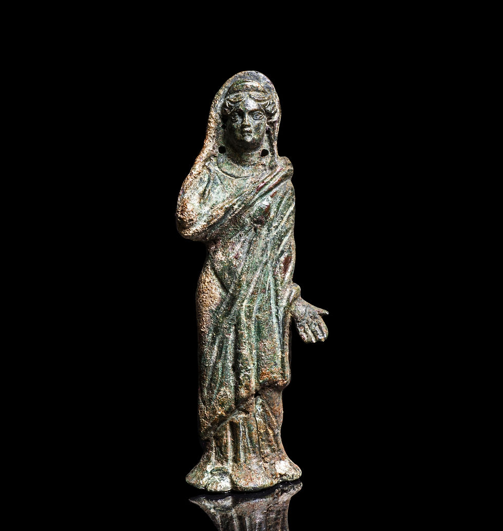 Ancient Roman bronze figure of goddess Juno, veiled and diademed
