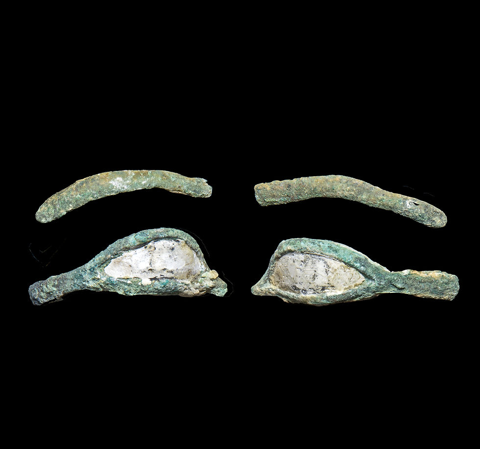 Ancient Egyptian inlaid bronze sarcophagus mask eye and brow fittings