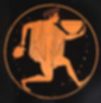 Close up of red-figure decoration on Ancient Greek kylix from Met Museum NY, showing reveller carrying skyphos and oinochoe