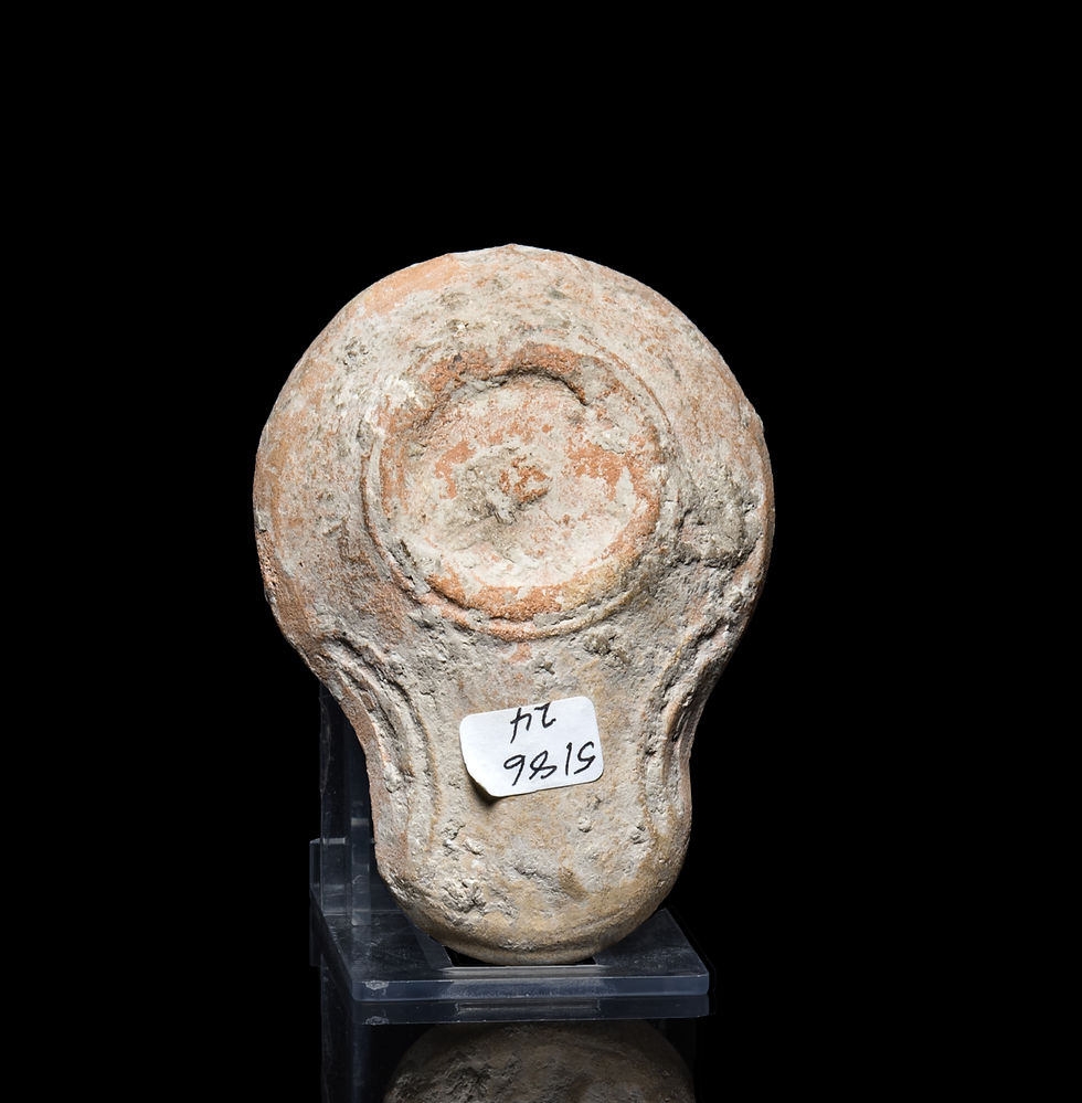 Thumbnail: Underside view of Ancient Holy Land Samaritan oil lamp with collection label