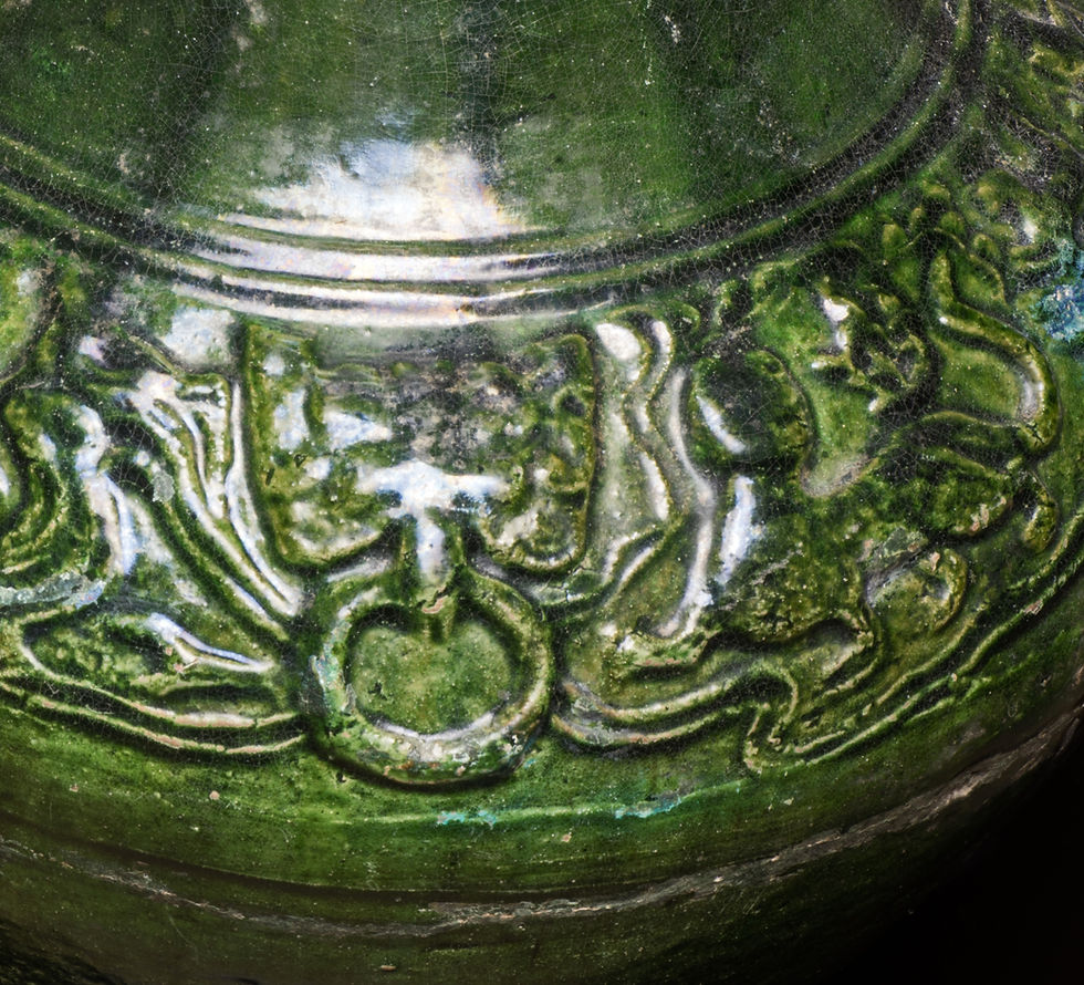Thumbnail: Close up of decoration of Ancient Chinese Han Dynasty green glazed Hunting Scene pottery Hu