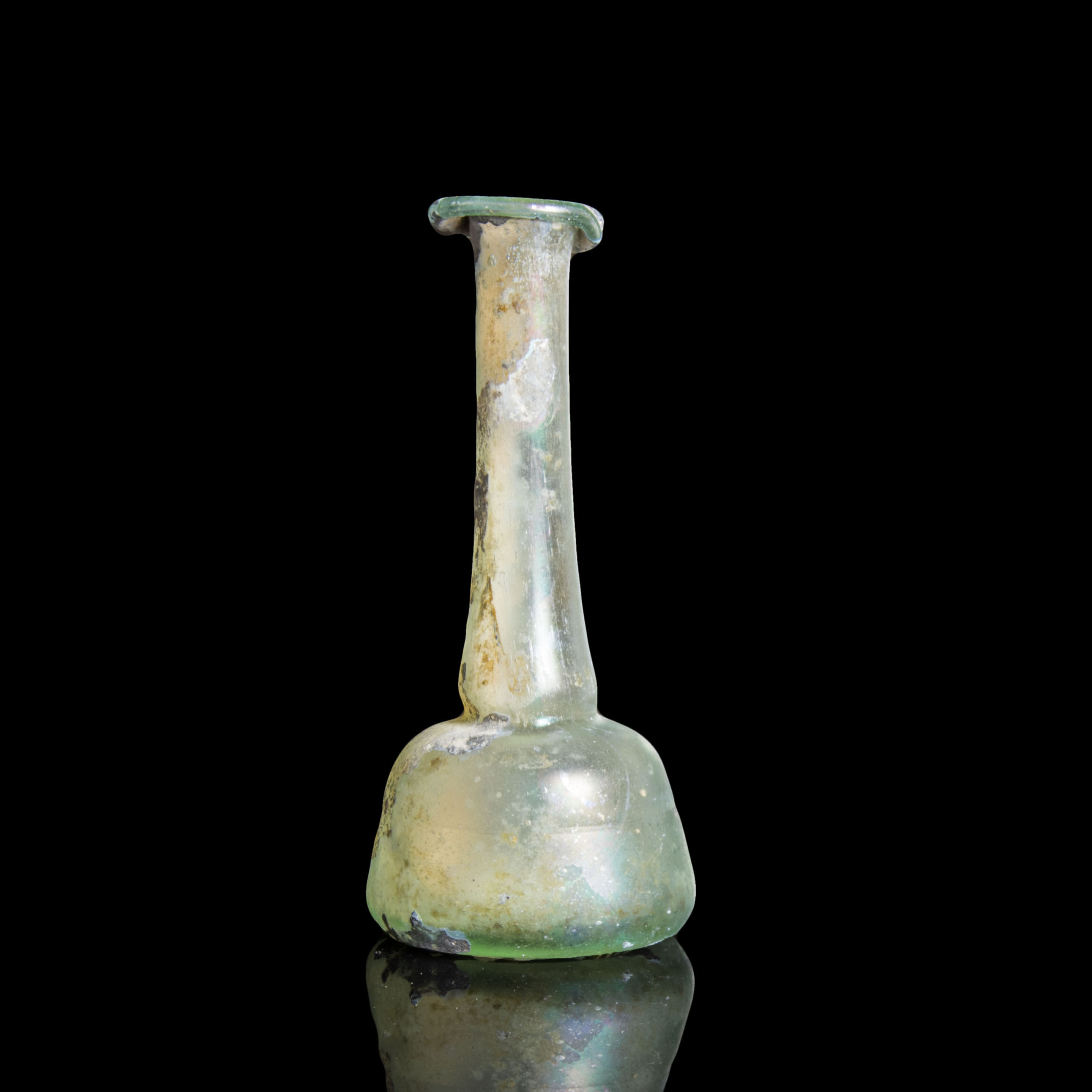 Ancient Roman tall iridescent glass candlestick unguentarium
