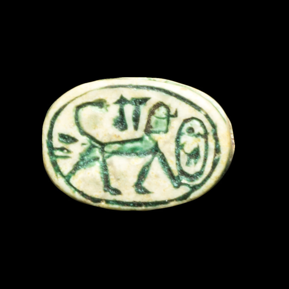 Green faience Ancient Egyptian New Kingdom scarab with sphynx and hieroglyphs