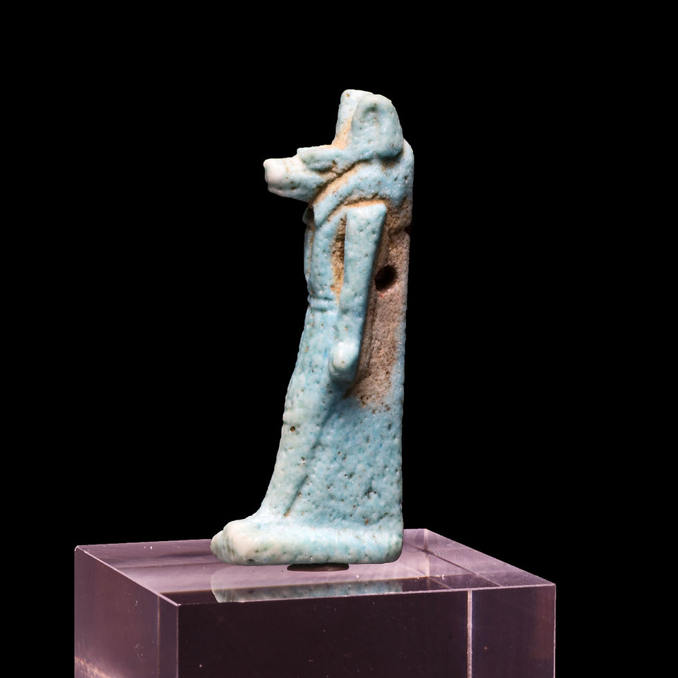 Thumbnail: Left side view of view of Ancient Egyptian amulet of god Anubis on a stand