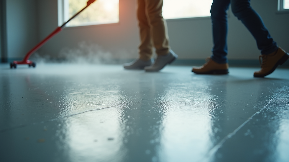 Close-up view of a garage floor being cleaned and prepped for epoxy coating