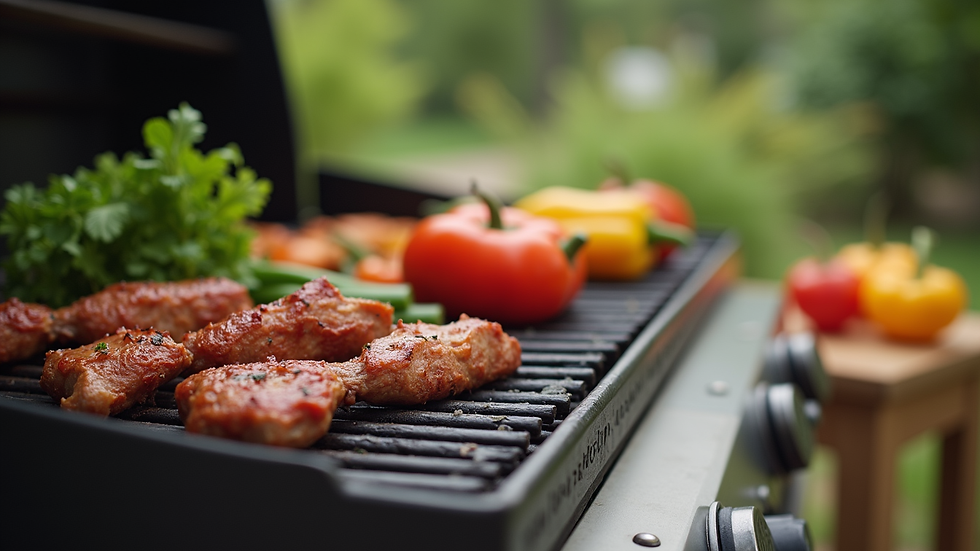 Close-up view of a modern outdoor grill with cooking tools and fresh vegetables