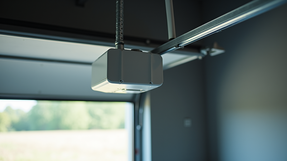 Close-up view of garage door opener motor and rail system