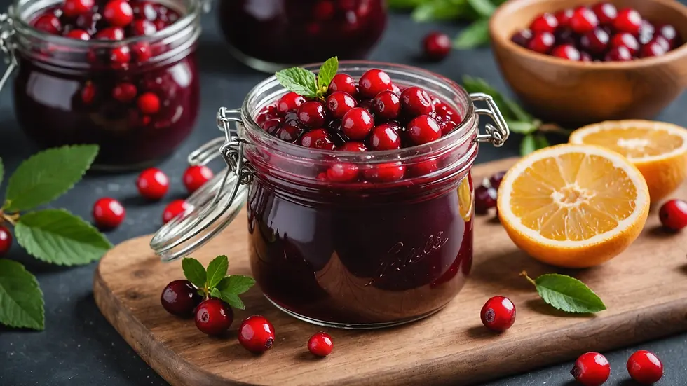 A jar of homemade cranberry sauce with fresh cranberries